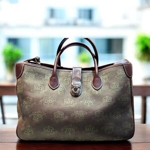 Dooney & Bourke Double Handle Tote, Green DB Logo Canvas, Brown Leather Trim